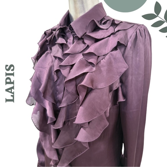 🛍️3/$40 Lapis Plum Ruffle Front Sheer Blouse Long Sleeve Size Large - Picture 3 of 5